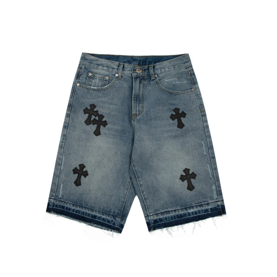 CHROME HEARTS CROSS PATCH BLACK EDGE JORTS WASHED DENIM