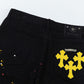CHROME HEARTS PAINT DRIP YELLOW CROSS PATCH JEANS BLACK