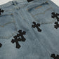 CHROME HEARTS BLACK CROSS PATCH JORTS WASHED DENIM