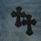 CHROME HEARTS CROSS PATCH BLACK EDGE JORTS WASHED DENIM