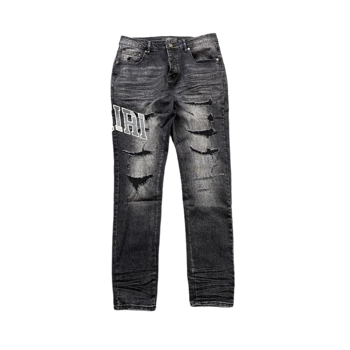 AMIRI VARSITY LOGO REPAIR JEANS