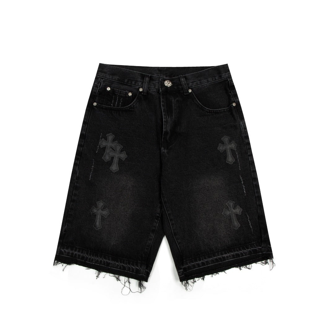 CHROME HEARTS BLACK CROSS PATCH JORTS BLACK