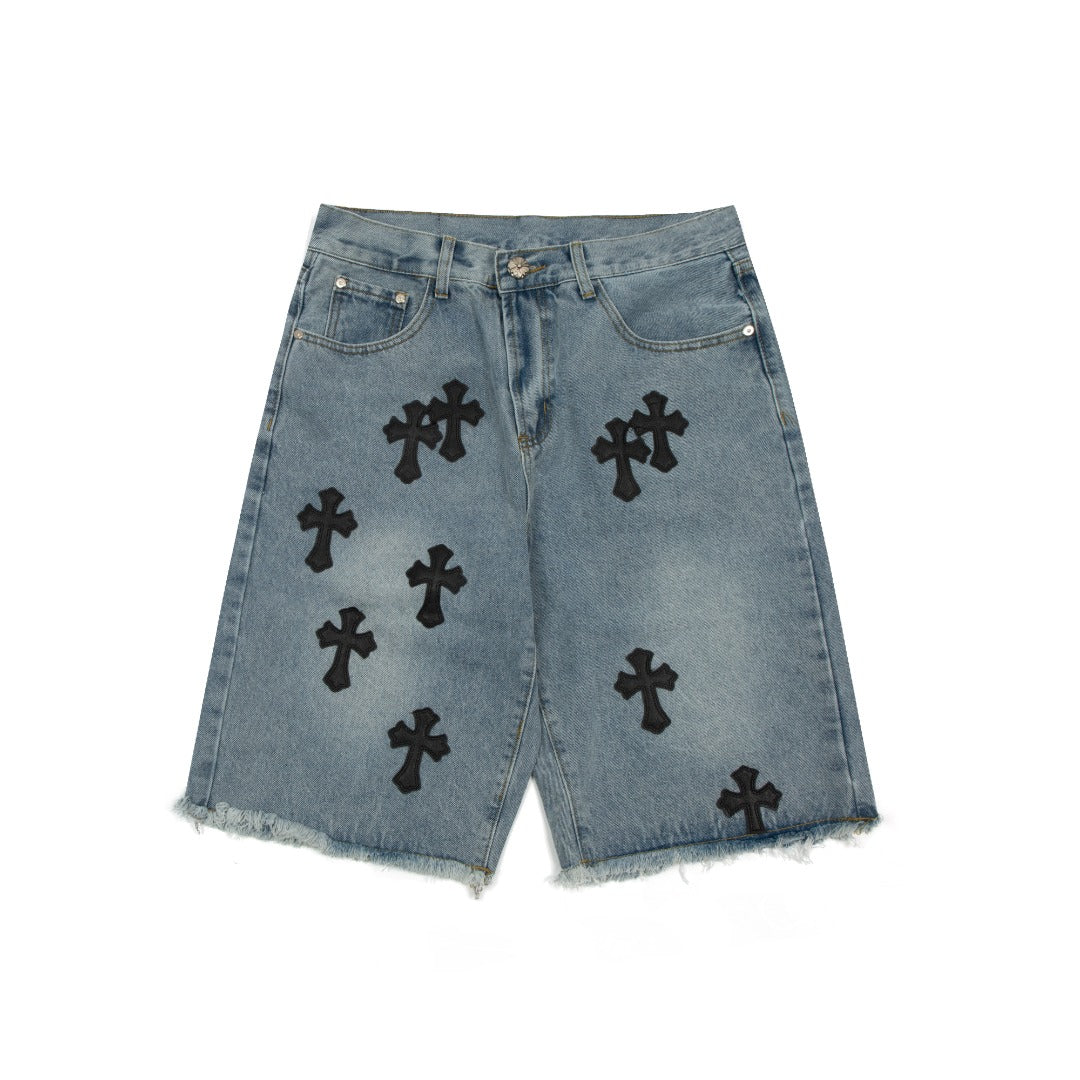 CHROME HEARTS BLACK CROSS PATCH JORTS WASHED DENIM