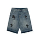 CHROME HEARTS CROSS PATCH BLACK EDGE JORTS WASHED DENIM
