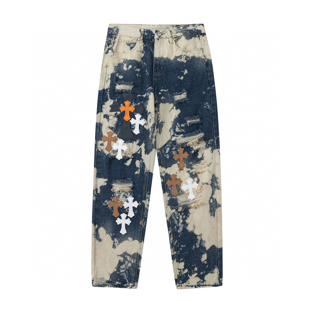 CHROME HEARTS TIE DYE WHITE ORANGE CROSS PATCH JEANS