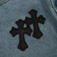 CHROME HEARTS BLACK CROSS PATCH JORTS WASHED DENIM